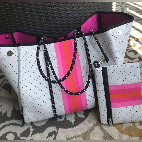 NEOPRENE TOTE, White with Pink & Orange Stripe, detachable pouch, beach tote - Picture 6 of 12